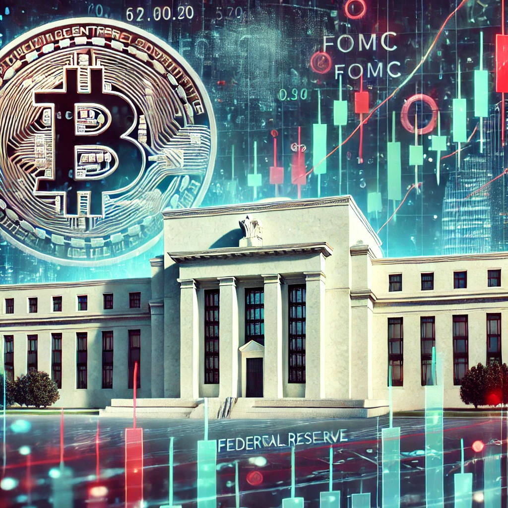 Bitcoin price chart with FOMC event markers and Federal Reserve building in the background