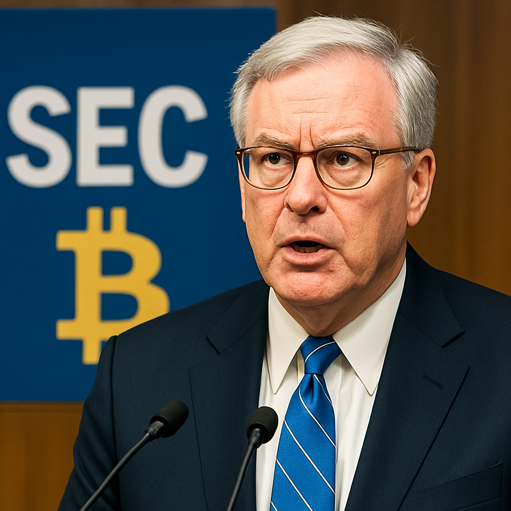Глава SEC выступает на фоне логотипа Bitcoin