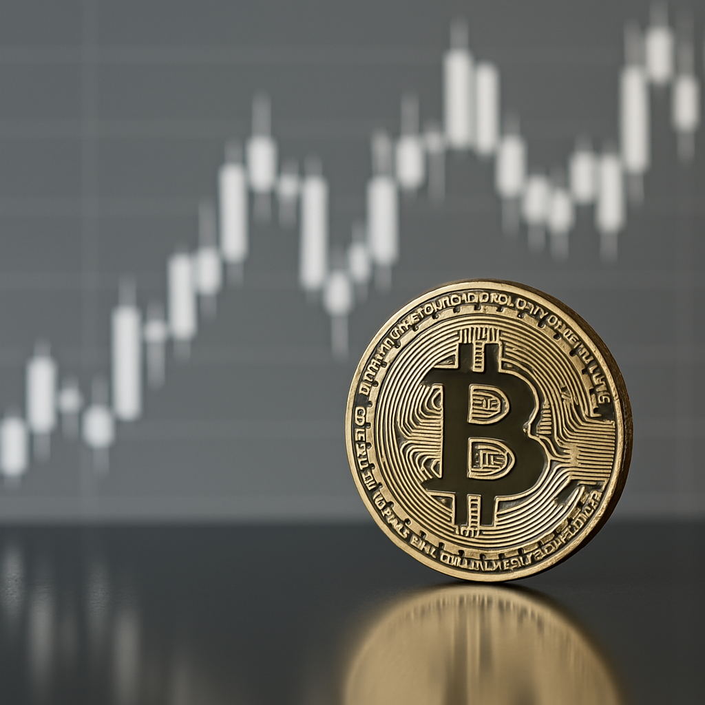Золотая монета Биткоин и восходящая стрелка